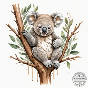 A sleepy koala clinging to a eucalyptus tree... - эскиз тату (№1752892519_0, 19.07.2025 02:35) — tattoo-photo.ru