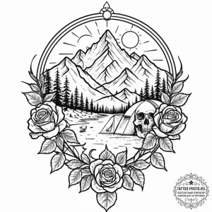 The view from inside a tent, looking out at a... - эскиз тату (№1752893514_0, 19.07.2025 02:51) — tattoo-photo.ru