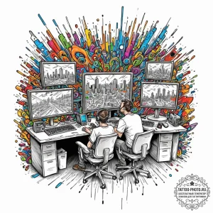 A modern, high-tech command center with multi... - эскиз тату (№1752893846_0, 19.07.2025 02:57) — tattoo-photo.ru