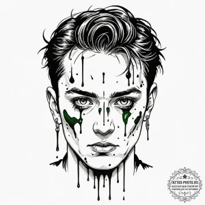 A trash polka face of neo, with green code dr... - эскиз тату (№1752896348_0, 19.07.2025 03:39) — tattoo-photo.ru
