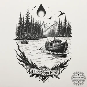 A trash polka tattoo of the "boat" scene from... - эскиз тату (№1752896595_0, 19.07.2025 03:43) — tattoo-photo.ru