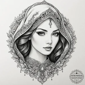 Tattoo sketch a veiled woman's face, with onl... - эскиз тату (№1752897425_0, 19.07.2025 03:57) — tattoo-photo.ru