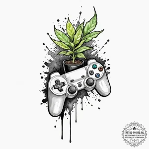 Tattoo design a joystick with a plant growing... - эскиз тату (№1752898087_0, 19.07.2025 04:08) — tattoo-photo.ru