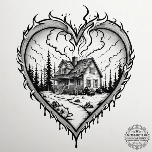 Tattoo design a small, stylized home with smo... - эскиз тату (№1752898253_0, 19.07.2025 04:10) — tattoo-photo.ru