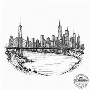 A view of a city skyline from across a river,... - эскиз тату (№1752901894_0, 19.07.2025 05:11) — tattoo-photo.ru