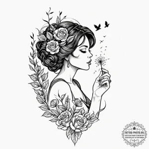 Tattoo sketch a silhouette of a woman blowing... - эскиз тату (№1752904372_0, 19.07.2025 05:52) — tattoo-photo.ru