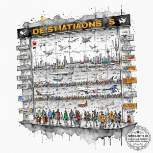 A busy airport departures board with destinat... - эскиз тату (№1752904783_0, 19.07.2025 05:59) — tattoo-photo.ru