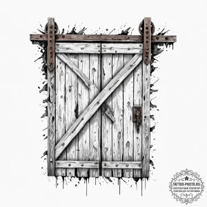 A shot of an old, weathered barn door with a... - эскиз тату (№1752906274_0, 19.07.2025 06:24) — tattoo-photo.ru