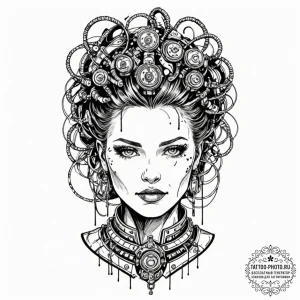 A trash polka design of the borg queen, half... - эскиз тату (№1752907599_0, 19.07.2025 06:46) — tattoo-photo.ru