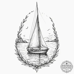 Tattoo sketch a serene ocean scene with a sin... - эскиз тату (№1752909420_0, 19.07.2025 07:17) — tattoo-photo.ru