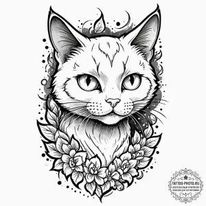 Cat, ink illustration for tattoo, black and g... - эскиз тату (№1752913888_0, 19.07.2025 08:31) — tattoo-photo.ru