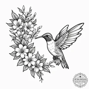 A tiny, colorful hummingbird hovering next to... - эскиз тату (№1752914054_0, 19.07.2025 08:34) — tattoo-photo.ru
