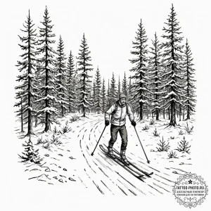 A person cross-country skiing through a silen... - эскиз тату (№1752914384_0, 19.07.2025 08:39) — tattoo-photo.ru