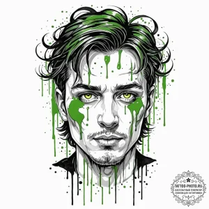 A trash polka face of neo, with green code dr... - эскиз тату (№1752914975_0, 19.07.2025 08:49) — tattoo-photo.ru