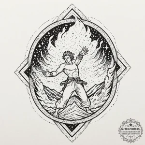 A graphic novel panel of the kamehameha wave... - эскиз тату (№1752918118_0, 19.07.2025 09:41) — tattoo-photo.ru