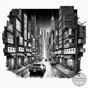 The neon-lit, cyberpunk-esque streets of a fu... - эскиз тату (№1752918533_0, 19.07.2025 09:48) — tattoo-photo.ru
