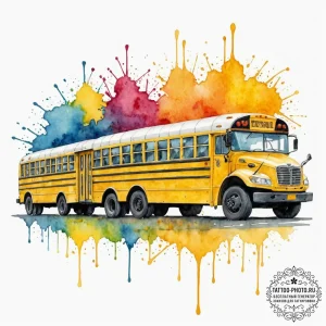 A row of yellow school buses parked in a lot.... - эскиз тату (№1752918615_0, 19.07.2025 09:50) — tattoo-photo.ru