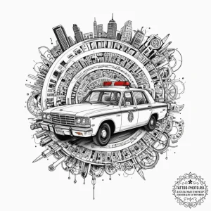 A tattoo of the "spinner" police car, detaile... - эскиз тату (№1752919359_0, 19.07.2025 10:02) — tattoo-photo.ru