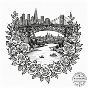 A view of a city skyline from across a river,... - эскиз тату (№1752919522_0, 19.07.2025 10:05) — tattoo-photo.ru