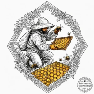 A beekeeper inspecting a honeycomb frame., ta... - эскиз тату (№1752920347_0, 19.07.2025 10:19) — tattoo-photo.ru