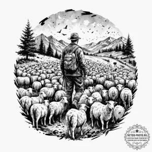 A shot of a shepherd guiding a flock of sheep... - эскиз тату (№1752920924_0, 19.07.2025 10:28) — tattoo-photo.ru