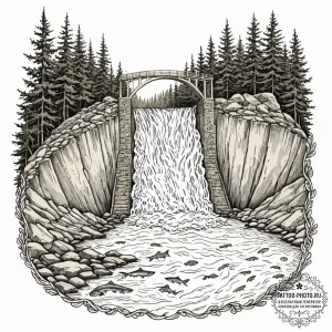 A shot of a salmon ladder at a dam, with fish... - эскиз тату (№1752922988_0, 19.07.2025 11:03) — tattoo-photo.ru