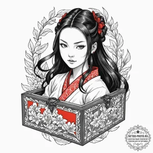 A sketch of nezuko in her box,, tattoo sketch... - эскиз тату (№1752923736_0, 19.07.2025 11:15) — tattoo-photo.ru