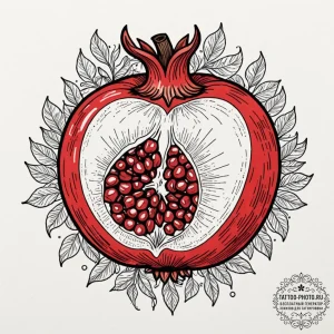 A close-up of a pomegranate, with its seeds e... - эскиз тату (№1752925696_0, 19.07.2025 11:48) — tattoo-photo.ru