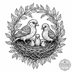 Tattoo sketch a mother bird feeding chicks in... - эскиз тату (№1752926223_0, 19.07.2025 11:57) — tattoo-photo.ru