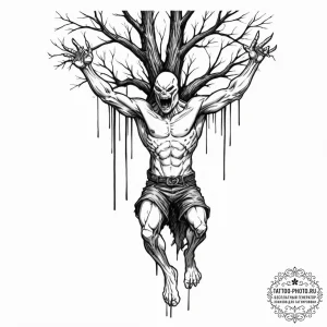 A sketch of a flayed body hanging from a tree... - эскиз тату (№1752930405_0, 19.07.2025 13:06) — tattoo-photo.ru