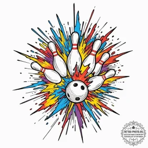 A shot of a bowling ball hitting the pins, an... - эскиз тату (№1752931425_0, 19.07.2025 13:23) — tattoo-photo.ru
