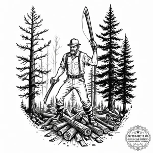 A shot of a lumberjack felling a large tree.,... - эскиз тату (№1752932749_0, 19.07.2025 13:45) — tattoo-photo.ru