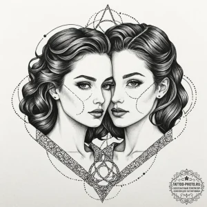 Tattoo sketch twin faces for gemini, connecte... - эскиз тату (№1752933597_0, 19.07.2025 13:59) — tattoo-photo.ru