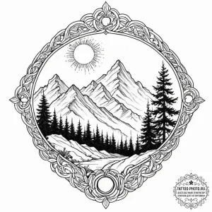 Tattoo design a mountain range with a lone tr... - эскиз тату (№1752935165_0, 19.07.2025 14:26) — tattoo-photo.ru