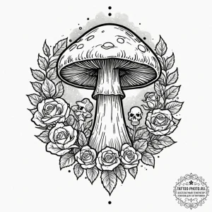 Tattoo sketch a glowing 1up mushroom with a m... - эскиз тату (№1752936326_0, 19.07.2025 14:45) — tattoo-photo.ru