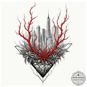 A watercolor sketch of a city overgrown with... - эскиз тату (№1752938484_0, 19.07.2025 15:21) — tattoo-photo.ru