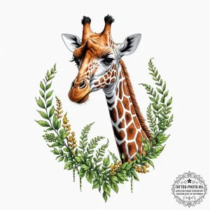 A giraffe gracefully eating leaves from a tal... - эскиз тату (№1752940305_0, 19.07.2025 15:51) — tattoo-photo.ru