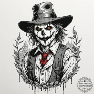 A trash polka design of a scarecrow brought t... - эскиз тату (№1752942816_0, 19.07.2025 16:33) — tattoo-photo.ru