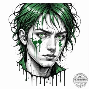 A trash polka face of neo, with green code dr... - эскиз тату (№1752944002_0, 19.07.2025 16:53) — tattoo-photo.ru