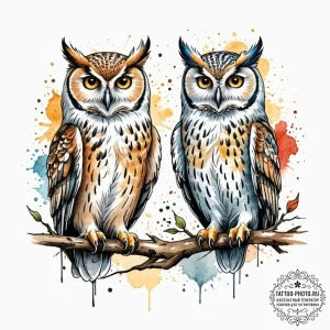 Tattoo sketch a pair of owls, symbolizing wis... - эскиз тату (№1752949635_0, 19.07.2025 18:27) — tattoo-photo.ru