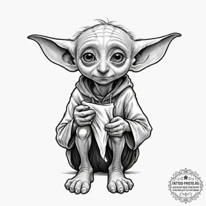 A sketch of dobby the house-elf, with his big... - эскиз тату (№1752951409_0, 19.07.2025 18:56) — tattoo-photo.ru