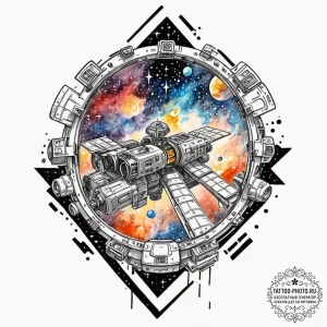 Tattoo design a stylized space station interi... - эскиз тату (№1752953016_0, 19.07.2025 19:23) — tattoo-photo.ru