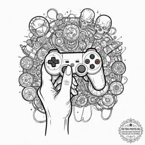 Tattoo sketch a cybernetic hand holding a gam... - эскиз тату (№1752955724_0, 19.07.2025 20:08) — tattoo-photo.ru