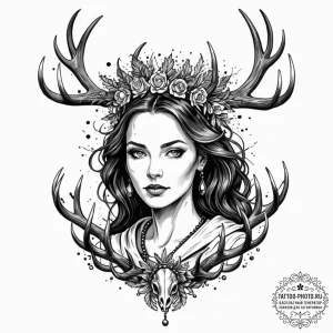 A trash polka sketch of the "antler queen" fr... - эскиз тату (№1752956654_0, 19.07.2025 20:24) — tattoo-photo.ru