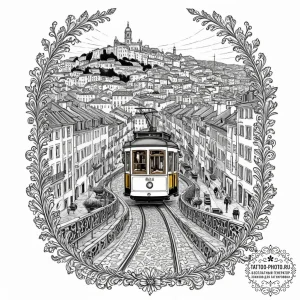 A vintage tram climbing a steep hill in lisbo... - эскиз тату (№1752961214_0, 19.07.2025 21:40) — tattoo-photo.ru