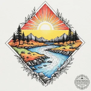 Tattoo sketch a sunrise and sunset over a sha... - эскиз тату (№1752961383_0, 19.07.2025 21:43) — tattoo-photo.ru