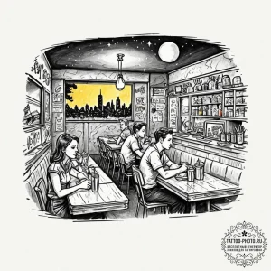 A sketch of the diner scene from moonlight,,... - эскиз тату (№1752962145_0, 19.07.2025 21:55) — tattoo-photo.ru