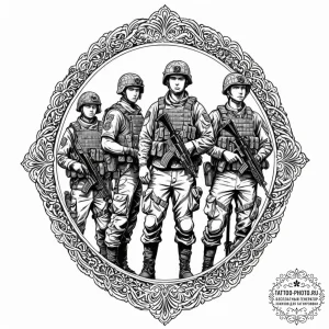 Tattoo sketch a silhouette of soldiers standi... - эскиз тату (№1752964088_0, 19.07.2025 22:28) — tattoo-photo.ru
