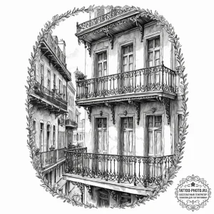 A detailed shot of ornate ironwork on a balco... - эскиз тату (№1752967539_0, 19.07.2025 23:25) — tattoo-photo.ru