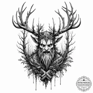 A trash polka composition of a leshen, a fore... - эскиз тату (№1752971930_0, 20.07.2025 00:38) — tattoo-photo.ru